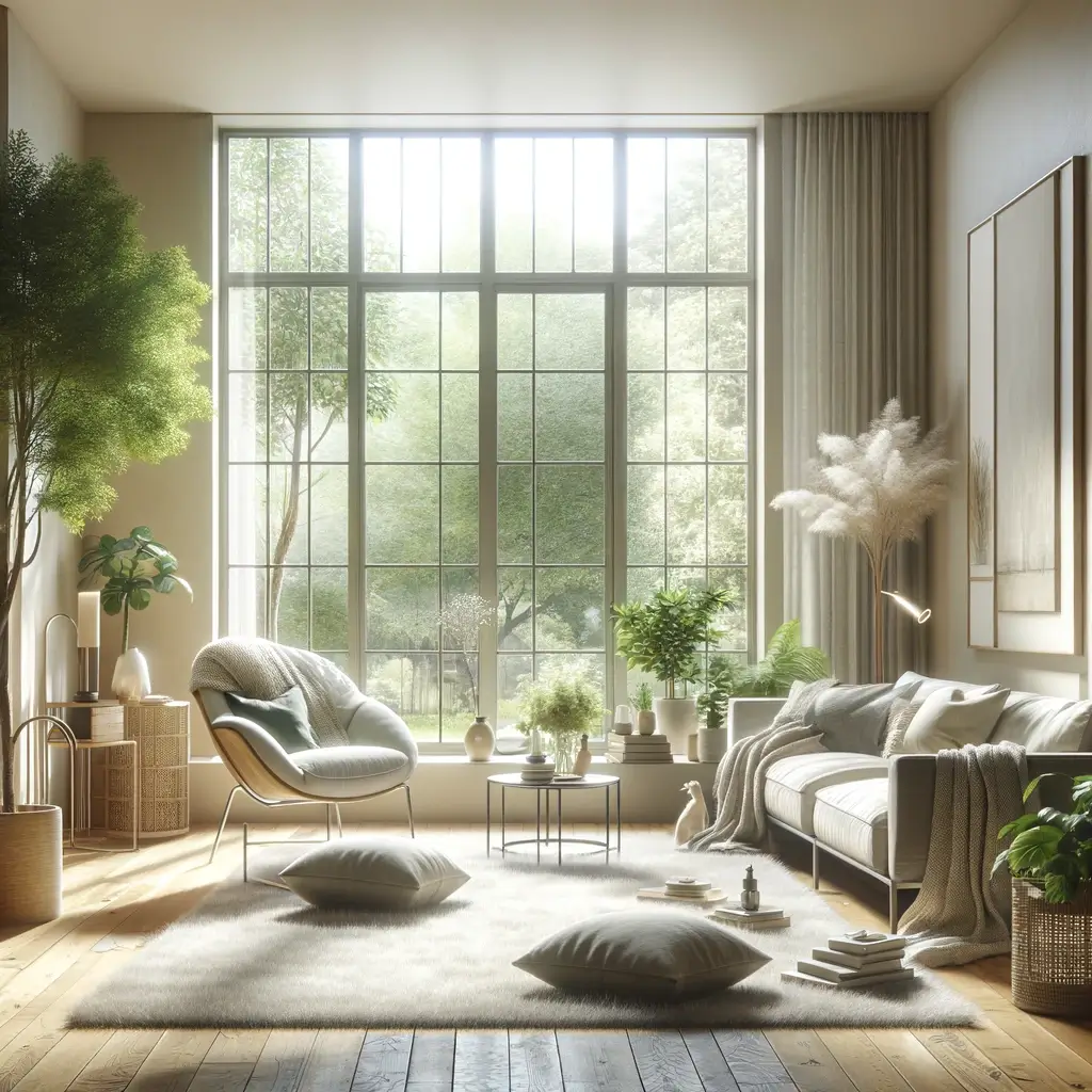 Minimalist living room with natural light, modern furniture, and indoor plants for a serene atmosphere.