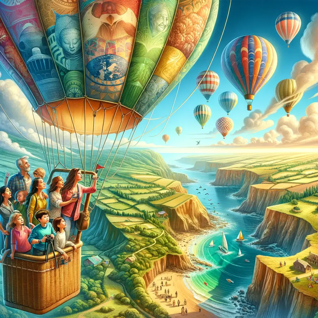 Family in patterned hot air balloon over sea, cliffs, and countryside, expressing joy and excitement.